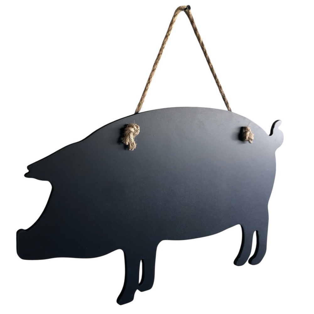 Rustic Pig-Shaped Chalkboard Sign with Rope Hanger - Picture 3 of 5